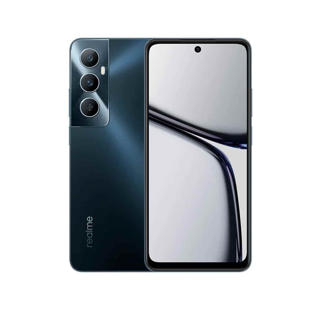 Realme C65 smartphone featuring a 50MP AI camera on the back, displayed vertically with a sleek design.